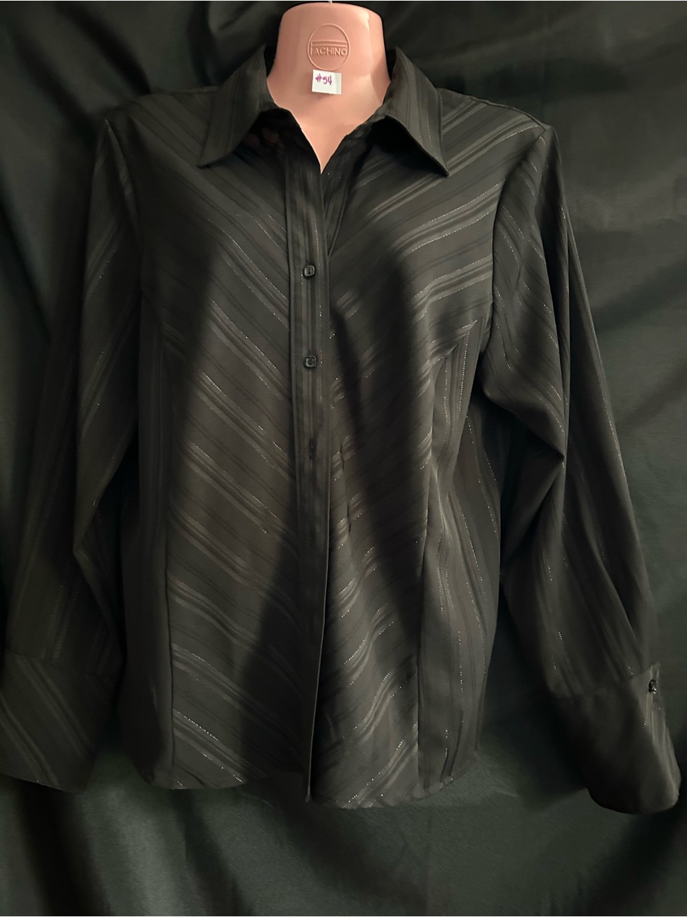 Worthington Petite Stretch Easy Care Black & Silver Button-Up Dress Shirt LG